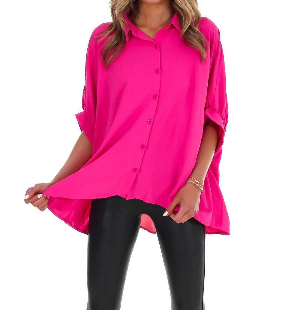 NEW DAY + MOON women's fingers crossed oversized button down top in shocking pin